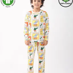 Anthrilo 100% Cotton Knit Full Sleeves Crocodile Printed Coordinating Night Suit Set - White-image-37