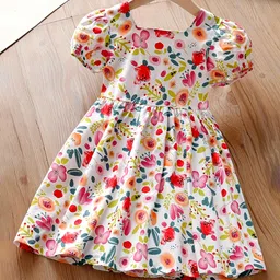 Fashion Dream Cotton Blend Woven Half Puffed Sleeves Floral Printed Dress - Multi Colour-picture-12