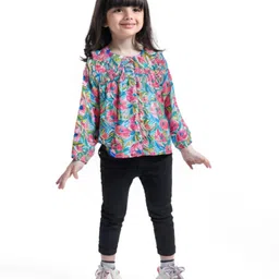 Babyhug Rayon Woven Full Sleeves Peter Pan Collar  Top with Floral Print -Pink & Blue image 2