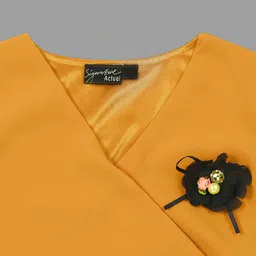 Actuel Woven Three Fourth Bell Sleeves Floral Applique Detailed Over Lapping Top - Mustard image 4