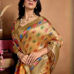 HERE&NOW Cream Printed Art Silk Sarees image 4