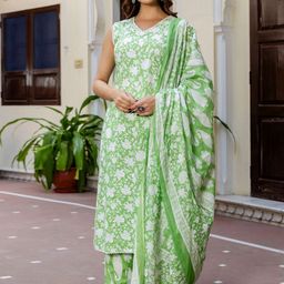 Indo Era Floral Printed Pure Cotton Kurta With Trousers & Dupatta-picture-15