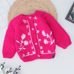 Woonie Full Sleeves Floral Hand Embroidered Front Open Knitted Sweater - Magenta Pink-picture-27