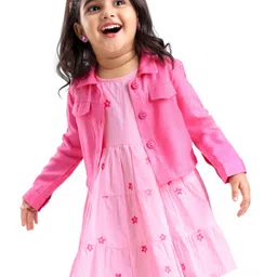 Babyhug 100% Cotton Cambric Frock With Full Sleeves Jacket Floral Print - Pink-picture-11