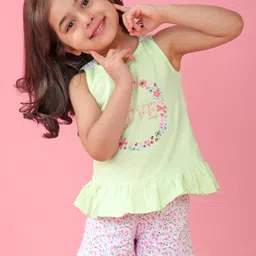 Babyhug Cotton Knit Sleeveless Night Suit Floral Print - Green & Pink-image-44