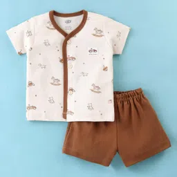 Zero Interlock Knit  Half Sleeves Front Open Night Suit With Animal & Vehicle Print - Cream & Brown-picture-12