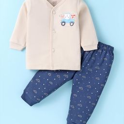 Simply Fleece Knit Full Sleeves Car Printed Night Suit - Beige & Navy Blue-picture-27