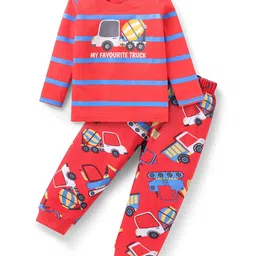 Babyhug Cotton Knit Full Sleeves Night Suit With Truck Print - Red-picture-12