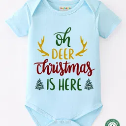 BLUSHES Christmas Theme 100% Cotton Half Sleeves Oh Deer Christmas Is Here Text Printed Onesie - Blue-picture-10