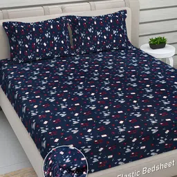FABINALIV Navy Blue Abstract Woollen King Size Fitted Double Bedsheet with 2 Pillow Covers-picture-32