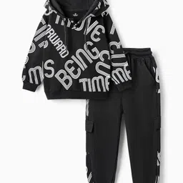 OLLINGTON ST. Cotton Knit Co-ords Set of Full Sleeves Hoodie Sweatshirt & Knit Joggers - Black-picture-21