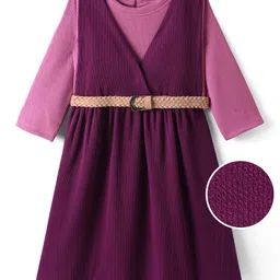 Hola Bonita Cotton Knit Three Fourth Sleeves Solid Dress with Belt - Wine-picture-11