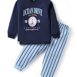 CUCUMBER Sinker Knit Full Sleeves Night Suit With Lighthouse Print - Navy Blue-picture-26