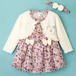 wow clothes WOW Cotton Knit Full Sleeves Floral Printed Frock With Bow Applique & Headband - Light Pink & White-picture-17