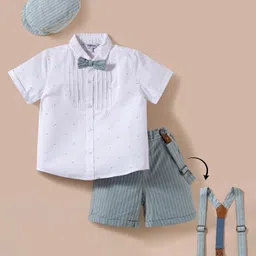 ToffyHouse Cotton Woven Half Sleeves Shirt & Shorts Set With Cap Bow & Suspender - Light Green-picture-28