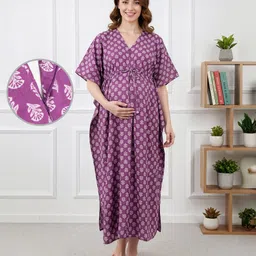 Bella Mama Cotton Woven Half Sleeves Maternity Kaftan Nighty with Floral Print - Purple-picture-24