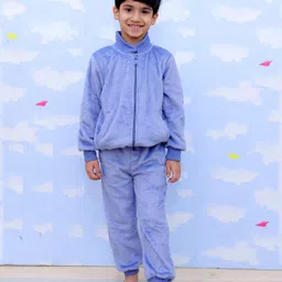 The Mom Store Fleece Woven Full Sleeves Solid Winter High Neck Jacket With Sweatpants Set - Blue-picture-22