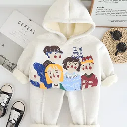 Googo Gaaga Fleece Knit Full Sleeves Kids Printed Winter Hooded Sweatshirt & Trousers Set - Cream-picture-15