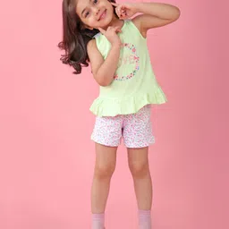 Babyhug Cotton Knit Sleeveless Night Suit Floral Print - Green & Pink image 2