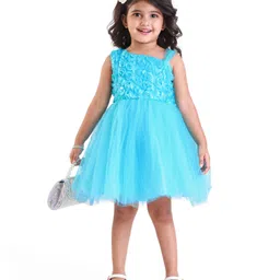Babyhug Woven Sleeveless Fit & Flared Party Frock with Floral Applique & Textured Yoke Detailing - Aqua Blue image 2