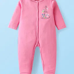 Babyhug Disney Interlock Knit Full Sleeves Sleep Suits With Cinderella Graphics Pack of 2 - Dark Pink & White image 2
