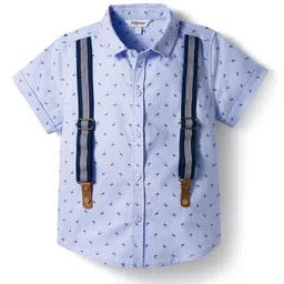 ToffyHouse Cotton Woven Half Sleeves Shirt & Shorts Set with Floral Print Attached Suspender & Bow - Light Blue & Navy Blue image 2