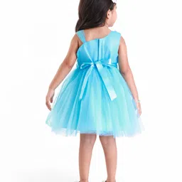 Babyhug Woven Sleeveless Fit & Flared Party Frock with Floral Applique & Textured Yoke Detailing - Aqua Blue image 3