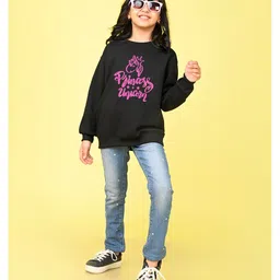 NUSYL Fleece Full Sleeves Princess Unicorn Text Printed Oversized Sweatshirt - Black image 4