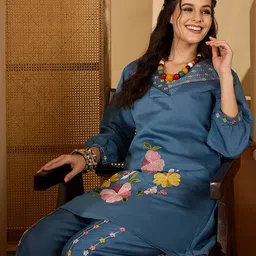 Sangria Floral Embroidered Shirt Collar Tunic & Trouser Co-Ord Set image 4
