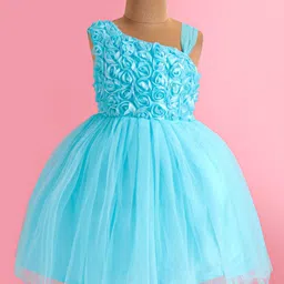 Babyhug Woven Sleeveless Fit & Flared Party Frock with Floral Applique & Textured Yoke Detailing - Aqua Blue image 4
