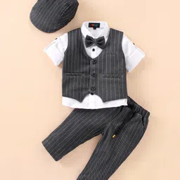 Robo Fry Cotton Full Sleeves Striped Party Suit With Bow & Hat - Black-picture-25