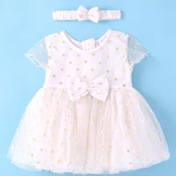 Babyhug Woven Half Sleeves Fit & Flared Party Frock with Headband Glitter Polka Dot Print & Bow Applique - White-picture-25