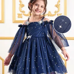 Mark & Mia Cold Shoulder Sleeves Pleated Party Frock with Star Glitter Detailing & Bow Applique - Navy Blue-picture-11