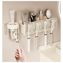House of Quirk 4-Slot Toothbrush Rack Including 1 Toothpaste Squeezer 4 Mouthwash Cups Multi-Function Toothbrush Holder Punch-Free Toothpaste Holder Wall-Mounted Bathroom Storage Box-Cream-picture-42