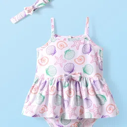 Babyhug Single Jersey Knit Sleeveless Onesie With Sea Animals Print & Headband - White-picture-18