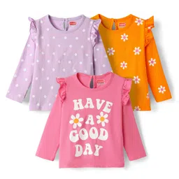 Babyhug 100% Cotton Knit Full Sleeves T-Shirts with Floral Print Pack of 3 - Orange & Lilac-picture-22