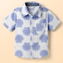 CrayonFlakes Cotton Woven Half Sleeves Striped & Oysters Embroidered Shirt - Blue-picture-14