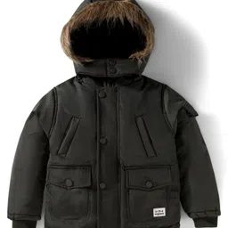 Babyhug Woven Full Sleeves Solid Hooded Padded Jacket With Detachable Hood - Dark Green-image-89