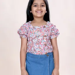 Kiddopanti Rayon Woven Half Puffed Sleeves Floral Printed Top - White & Orange-picture-20