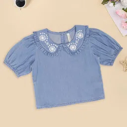 Pantaloons Junior Cotton Woven Half Puffed Sleeves Floral Embroidered Top - Blue-picture-12