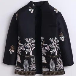 Fourfolds Woven Solid Sherwani Pant With Full Sleeves Sequins Embellished & Floral Embroidered Jacket Set - Black image 3