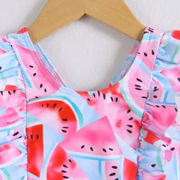 Mark & Mia Sleeveless V Cut Swimsuit with Tropical Print with Frill Detailing - Blue & Pink image 3