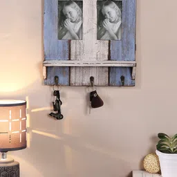 Aapno Rajasthan Blue & Off-White Textured Wooden Photo Frame With Shelf & Key Hooks image 1