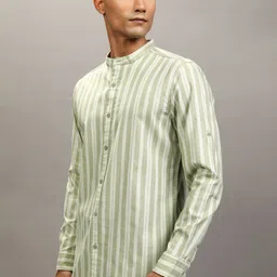 HIGHLANDER Men Band Collar Vertical Striped Cotton Casual Shirt image 2
