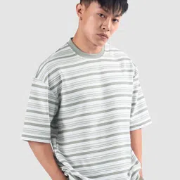 Beyoung Men Grey Stripe Textured Oversized T-Shirt-picture-34