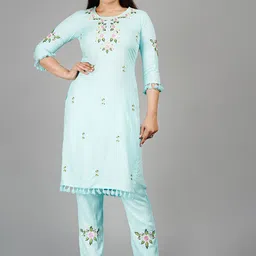 rf clothes Floral Embroidered Round Neck Straight Kurta With Trousers & Dupatta image 3