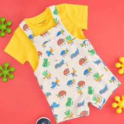 Pantaloons Baby Cotton Caterpillar & Frog Printed Dungaree With Half Sleeves Solid Tee Set - Off White-picture-38