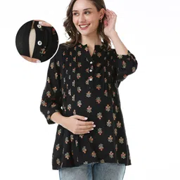 Bella Mama Woven Three Fourth Sleeves Maternity Top with Floral Print   - Black-picture-16