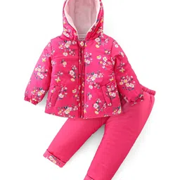 Babyhug Woven Full Sleeves Hooded Puffer Winter Wear Suit With Floral Print - Pink-picture-14
