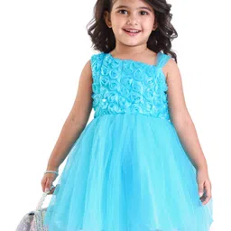 Babyhug Woven Sleeveless Fit & Flared Party Frock with Floral Applique & Textured Yoke Detailing - Aqua Blue-picture-15